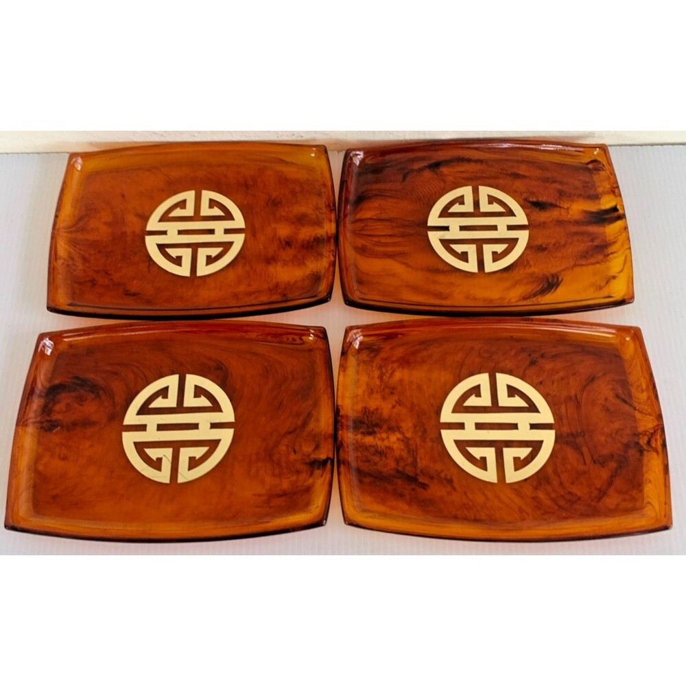 Vtg MCM Lucite Faux Tortoise Shell Snack  Trays Set (4)  7"x 5" Chinese Symbol